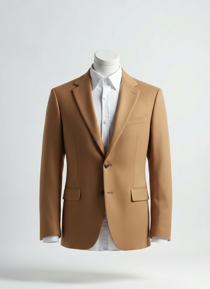 The same shirt with an AI-generated camel blazer layered over it, no face or body shown
