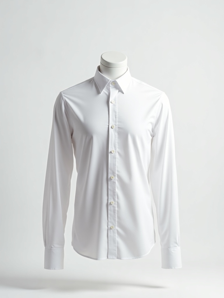 A white dress shirt on an invisible mannequin, no face or body shown