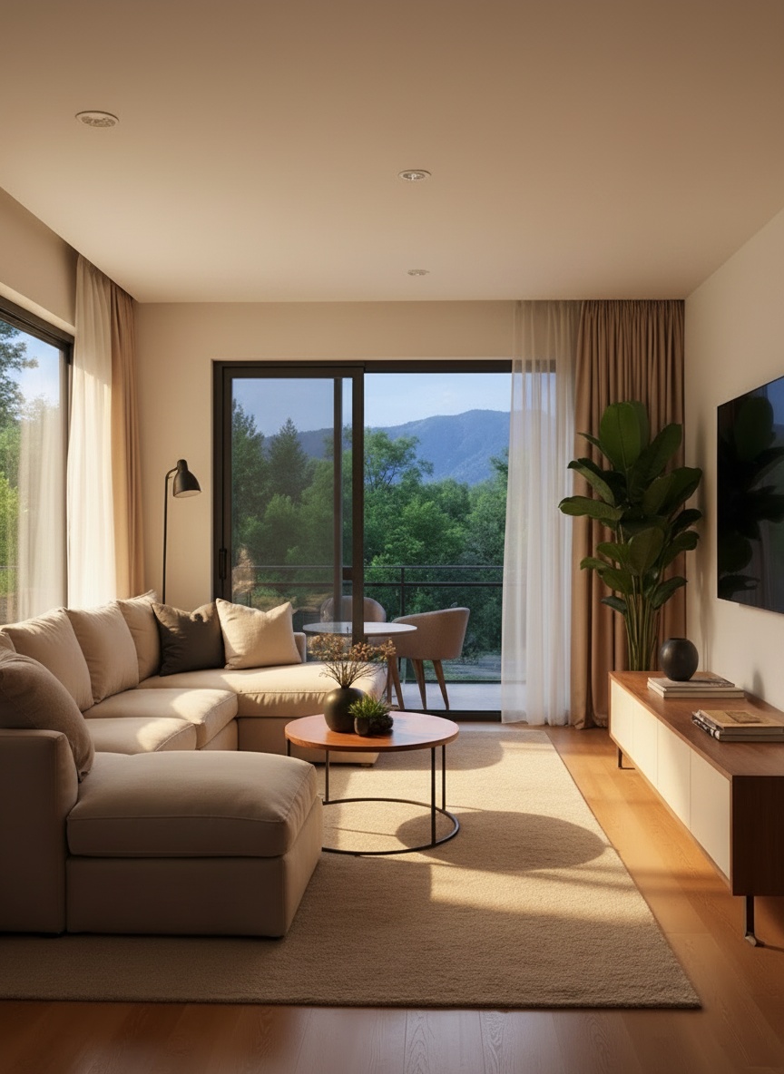 The same living room, AI-regenerated in warm golden-hour twilight