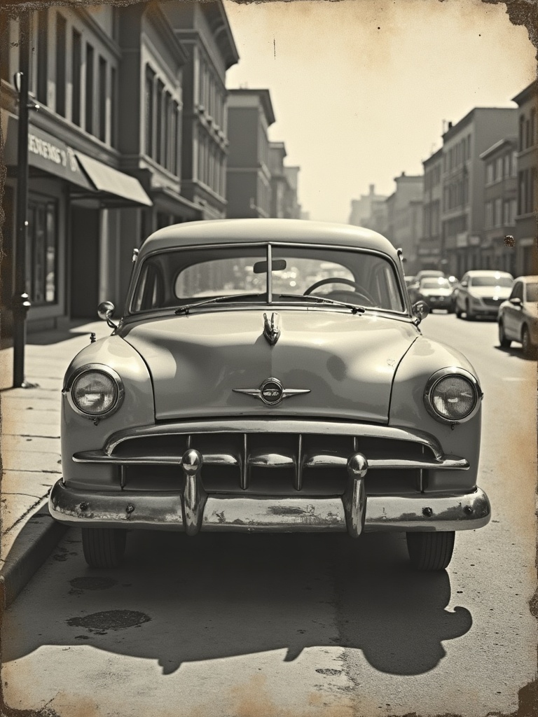 A scratched, faded vintage photograph of a classic car, no people shown